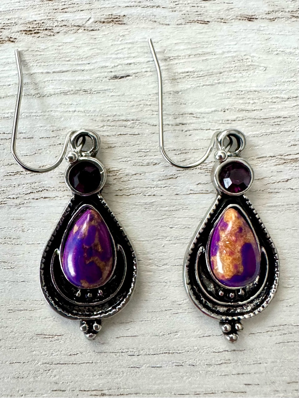 Purple and Gold Teardrop Dangle Earrings 1.5” long
